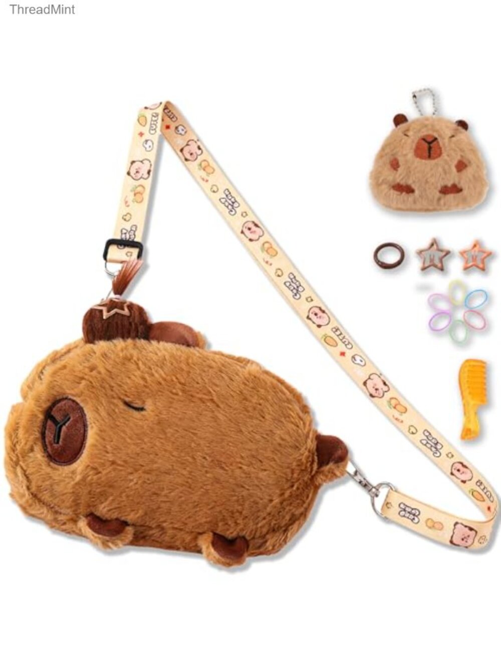 Plush Capybara Crossbody Bag Kawaii Animal Print Shoulder Purse